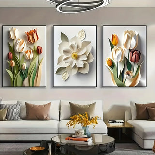 Set of 3 Modern Aesthetic 3D Floral Canvas Wall Art Prints, Frameless Creative Flower Posters for Home, Office, Living Room Deco