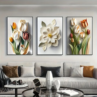 Set of 3 Modern Aesthetic 3D Floral Canvas Wall Art Prints, Frameless Creative Flower Posters for Home, Office, Living Room Deco