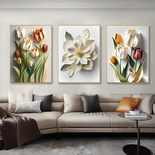 Set of 3 Modern Aesthetic 3D Floral Canvas Wall Art Prints, Frameless Creative Flower Posters for Home, Office, Living Room Deco